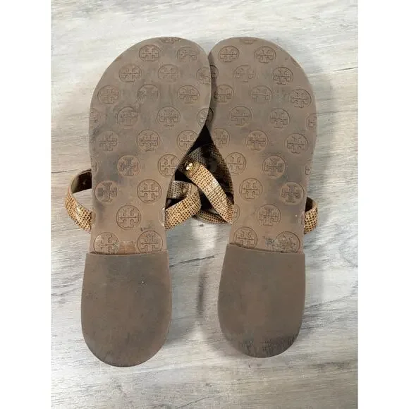 Tory Burch Brown Snake Skin Women's‎ Thong Logo Sandal Size 10M- EUC - Picture 7 of 9